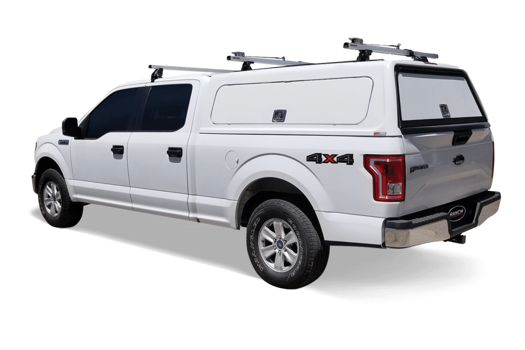 White Ford F-150 with Ranch Fiberglass WorkForce Truck Cap
