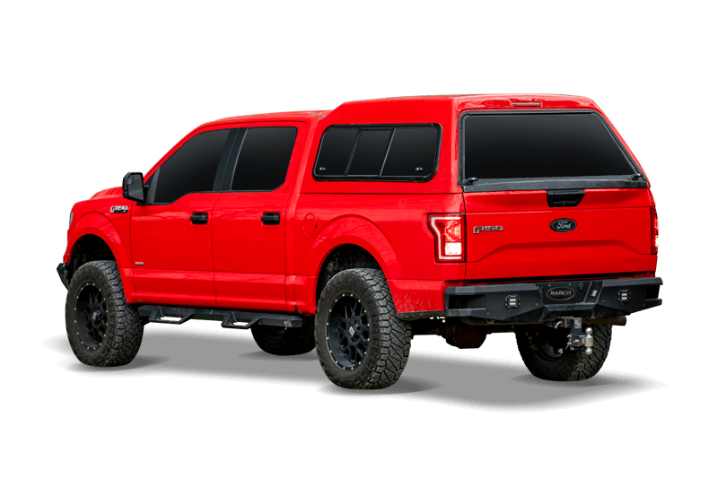 Red F150 with a Mid-Rise truck cap